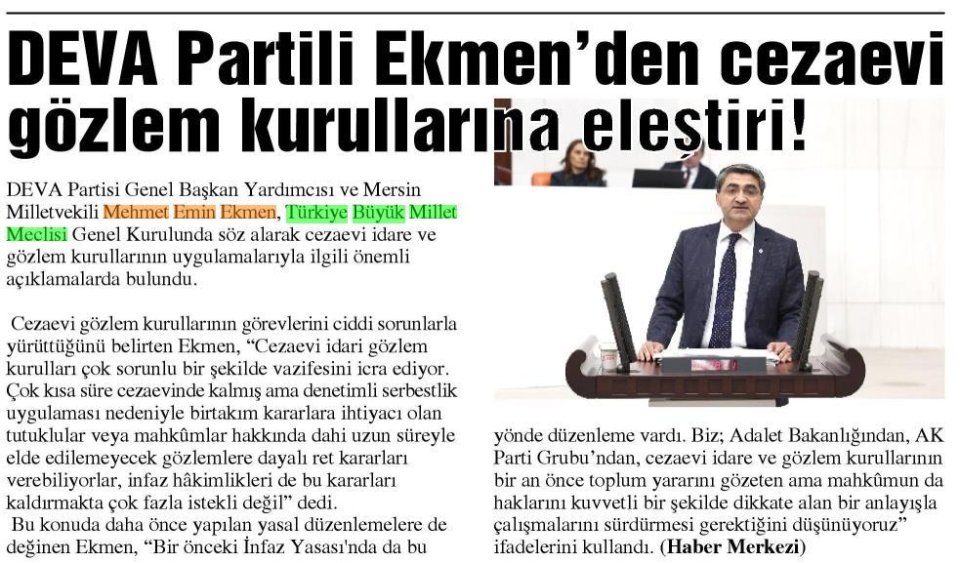 DEVA PARTİLİ EKMEN'DEN CEZAEVİ GÖZLEM KURULLARINA ELEŞTİRİ!