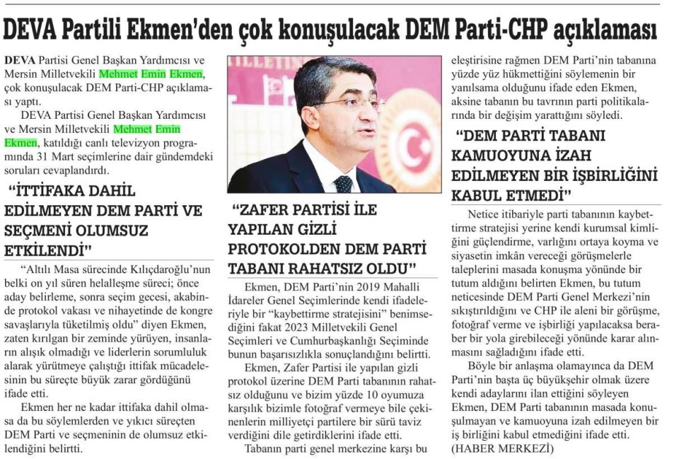 DEVA PARTİLİ EKMEN'DEN ÇOK KONUŞULACAK DEM PARTİ-CHP AÇIKLAMASI