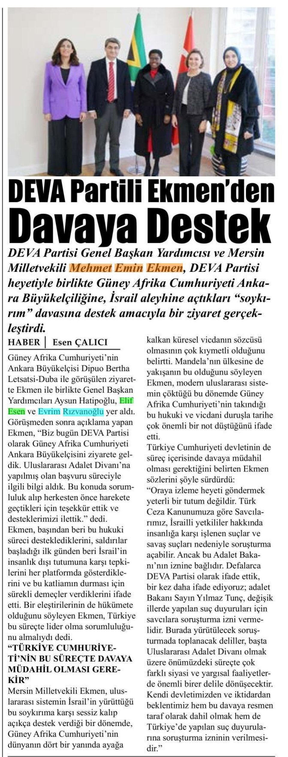 DEVA PARTİLİ EKMENDEN DAVAYA DESTEK