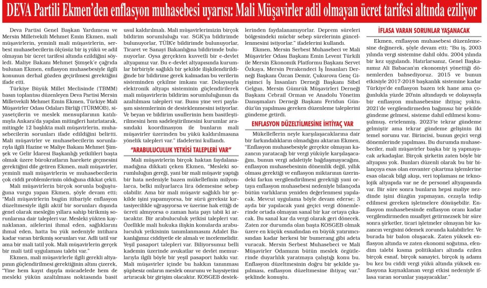 DEVA PARTİLİ EKMEN'DEN ENFLASYON MUHASEBESİ UYARISI