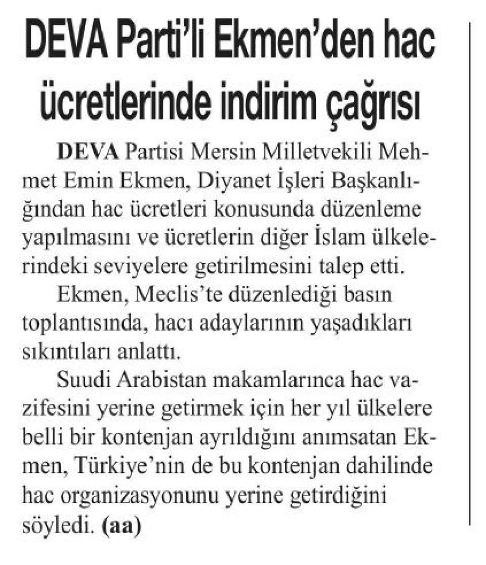 DEVA PARTİLİ EKMEN'DEN HAC ÜCRETLERİNDE İNDİRİM ÇAĞRISI