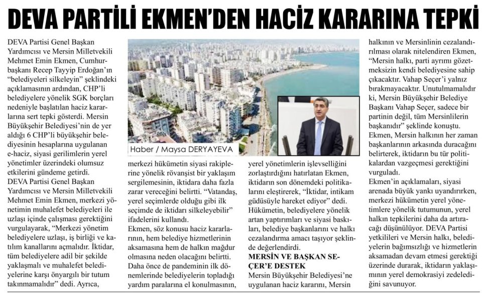 DEVA PARTİLİ EKMEN'DEN HACİZ KARARINA TEPKİ