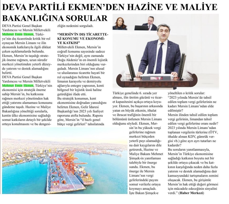 DEVA PARTİLİ EKMEN'DEN HAZİNE VE MALİYE