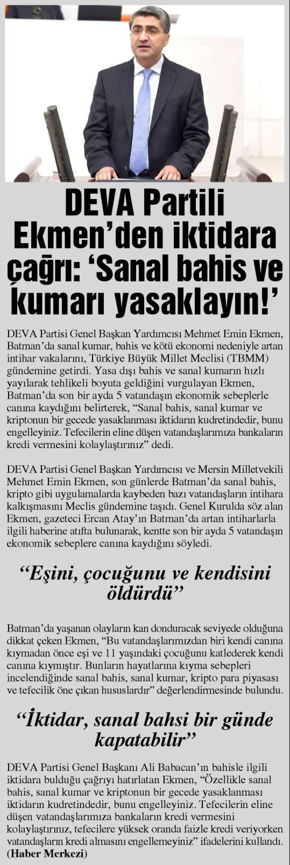 DEVA PARTİLİ EKMEN'DEN İKTİDARA ÇAĞRI: 'SANAL BAHİS VE KUMARI YASAKLAYIN!'