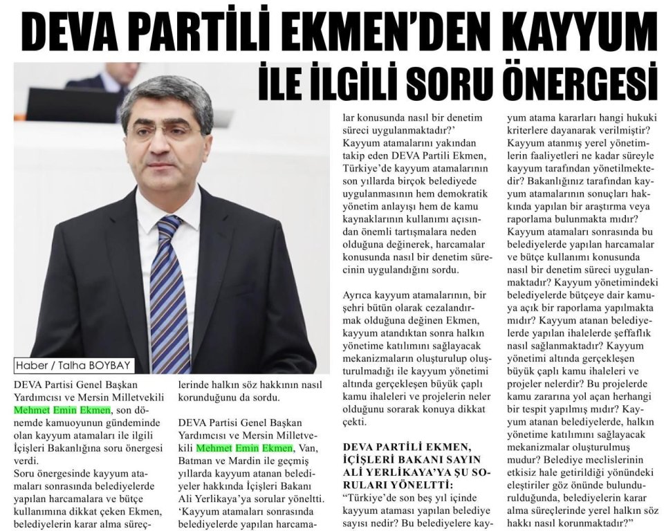  DEVA PARTİLİ EKMENDEN KAYYUM İLE İLGİLİ SORU ÖNERGESİ