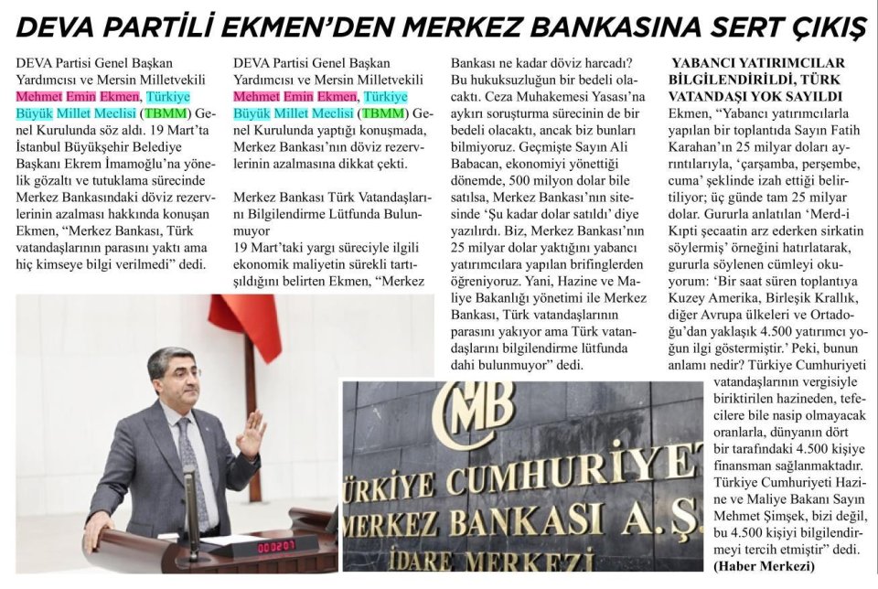 DEVA PARTİLİ EKMENDEN MERKEZ BANKASINA SERT ÇIKIŞ