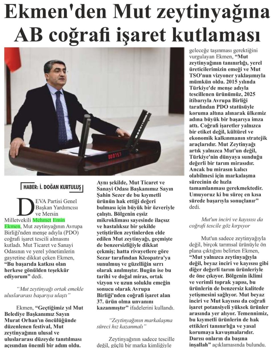 DEVA PARTİLİ EKMEN'DEN MUT ZEYTİNYAĞINA AB COĞRAFİ İŞARET KUTLAMASI