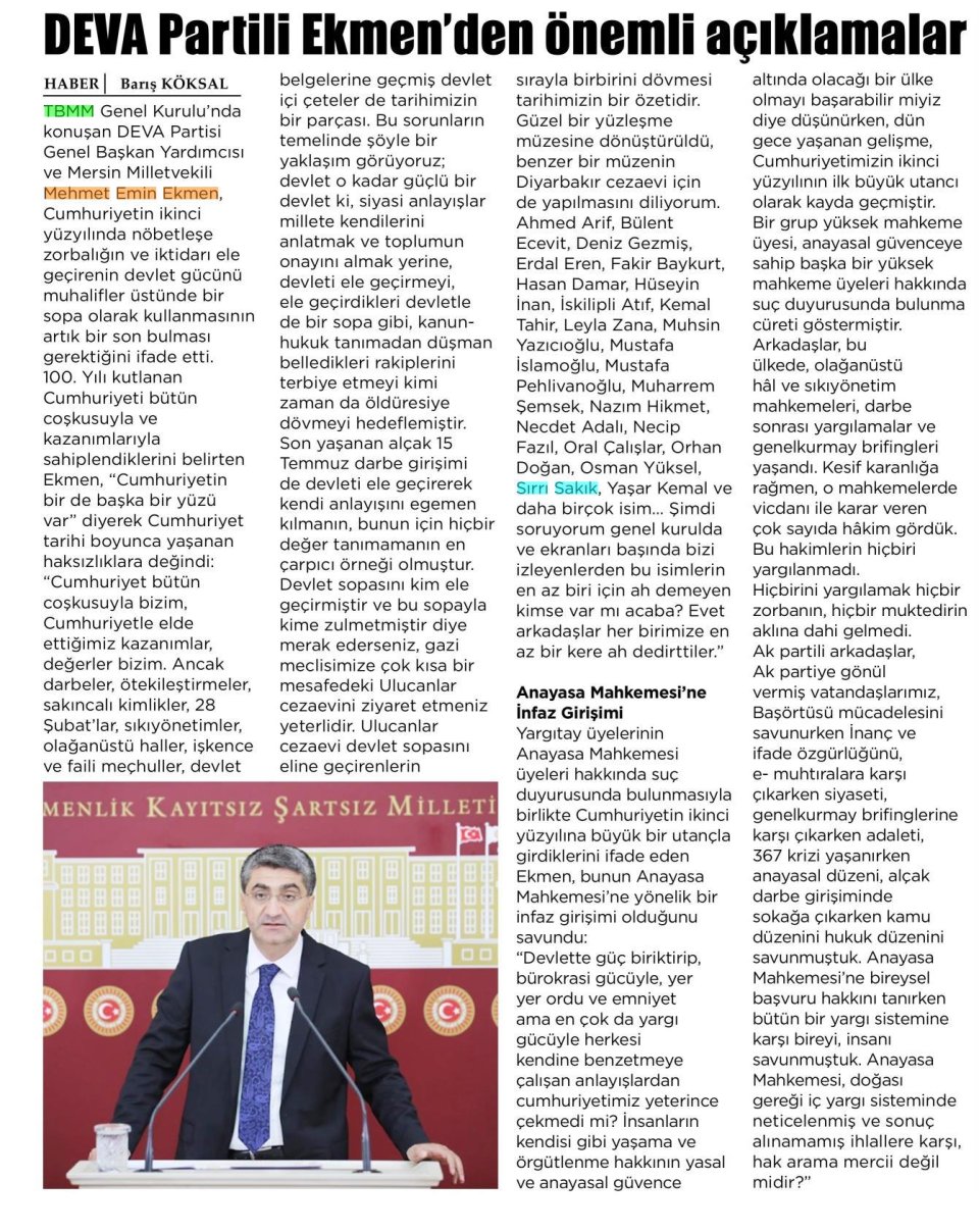 DEVA PARTİLİ EKMENDEN ÖNEMLİ AÇIKLAMALAR