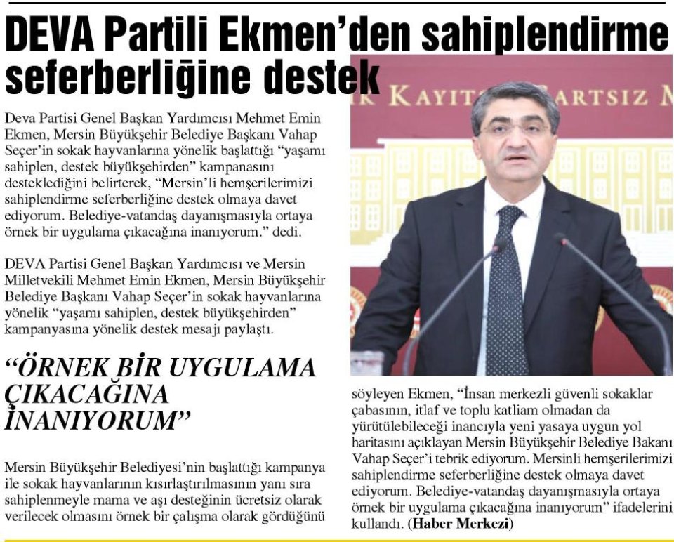 DEVA PARTİLİ EKMENDEN SAHİPLENDİRME SEFERBERLİĞİNE DESTEK