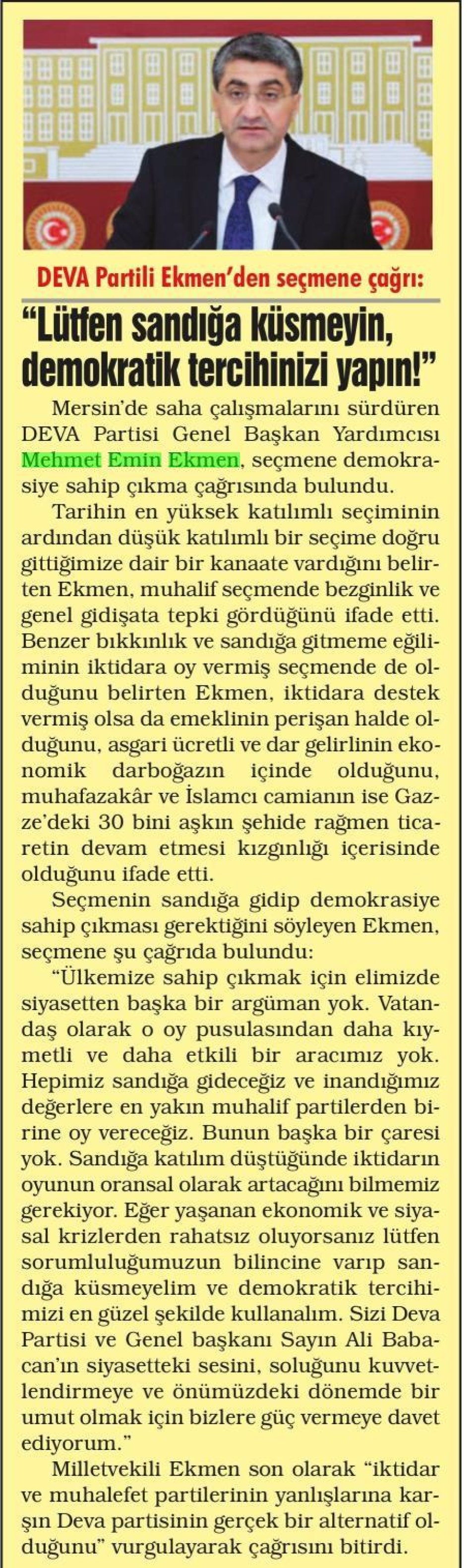 DEVA PARTİLİ EKMEN'DEN SEÇMENE ÇAĞRI