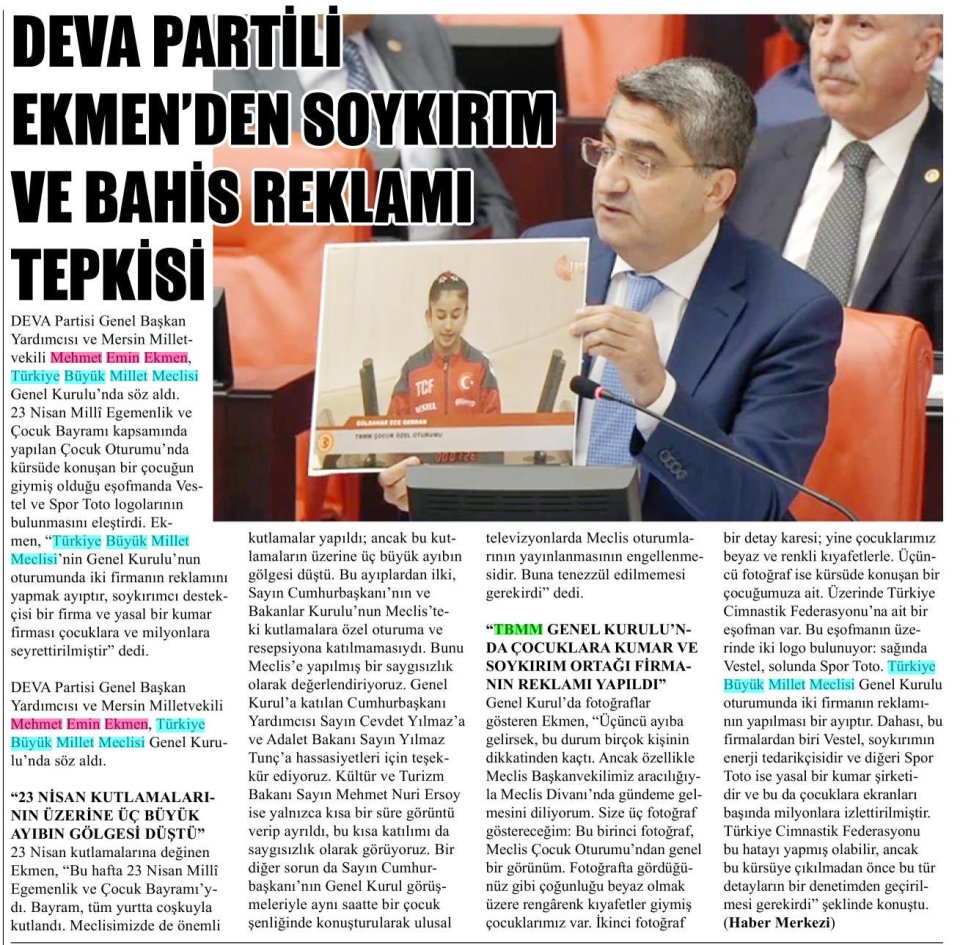 DEVA PARTİLİ EKMEN'DEN SOYKIRIM VE BAHİS REKLAMI TEPKİSİ