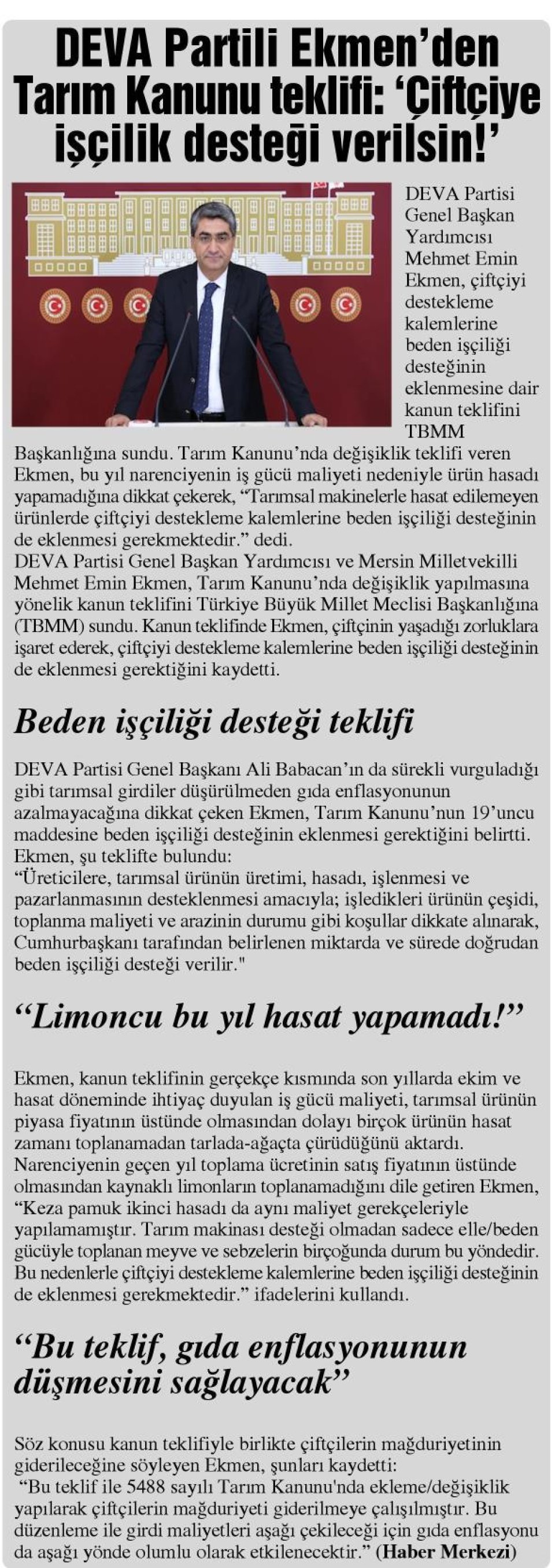 DEVA PARTİLİ EKMEN'DEN TARIM KANUNU TEKLİFİ : 'ÇİFTÇİYE İŞÇİLİK DESTEĞİ VERİLSİN!'