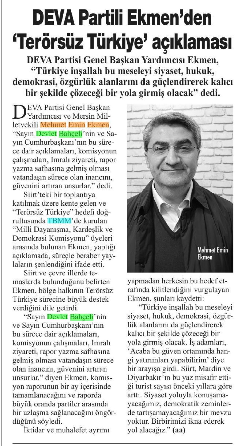 DEVA PARTİLİ EKMEN'DEN 'TERÖRSÜZ TÜRKİYE' AÇIKLAMASI