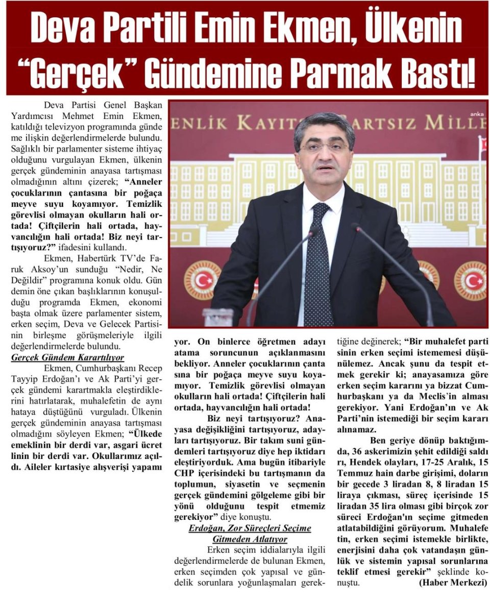 DEVA PARTİLİ EMİN EKMEN, ÜLKENİN 