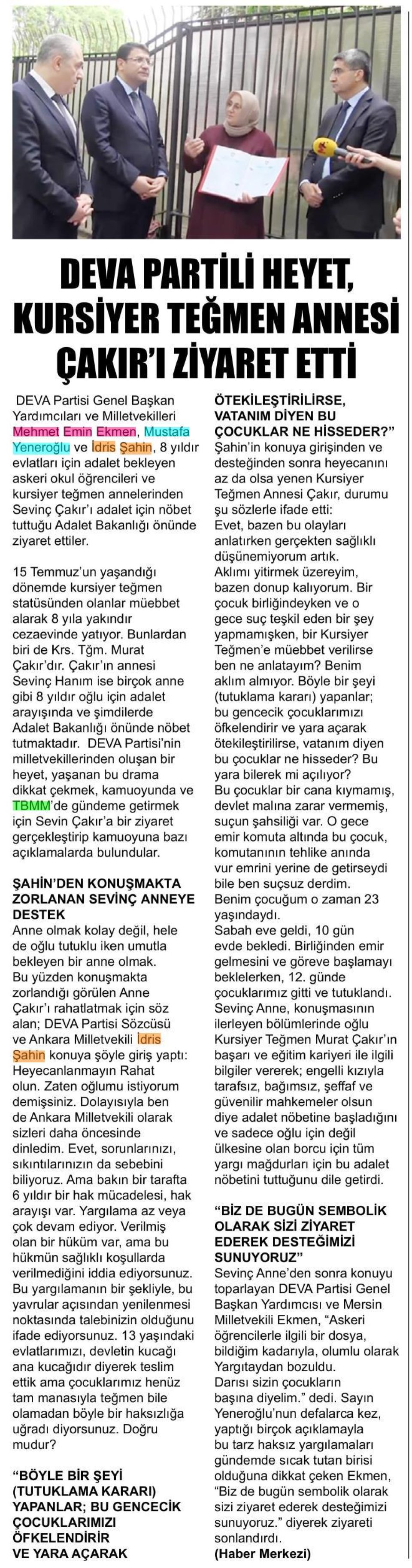 DEVA PARTİLİ HEYET, KURSİYER TEĞMEN ANNESİ ÇAKIRI ZİYARET ETTİ