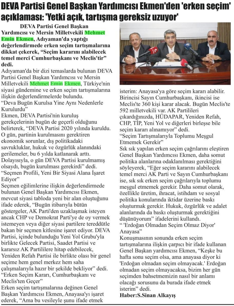  DEVA PARTİSİ GENEL BAŞKAN YARDIMCISI EKMEN'DEN 'ERKEN SEÇİM' AÇIKLAMASI