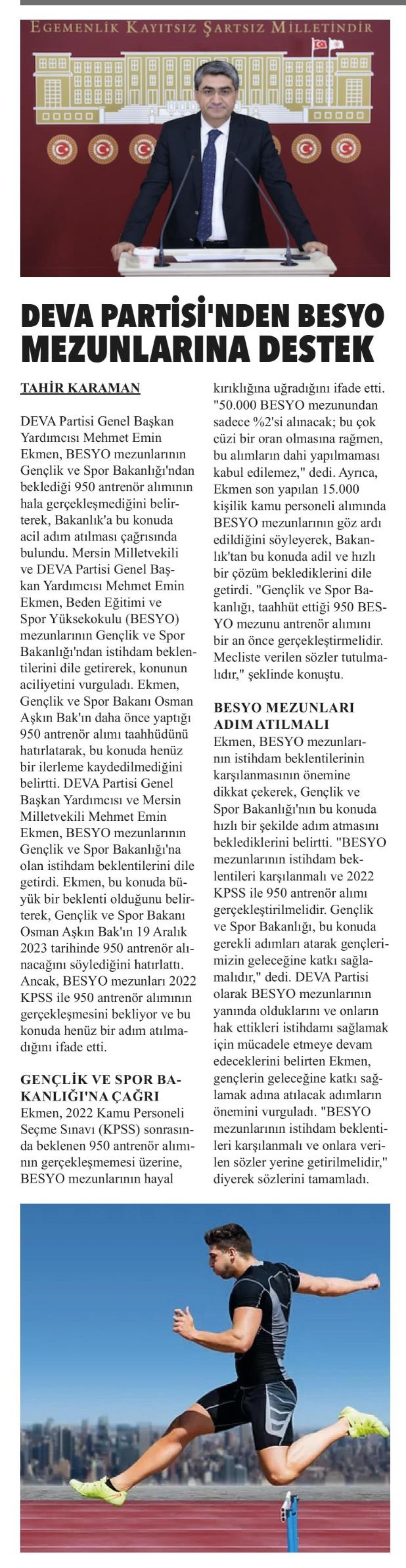 DEVA PARTİSİ GENEL BAŞKAN YARDIMCISI MEHMET EMİN EKMEN'DEN BESYO MEZUNLARINA DESTEK
