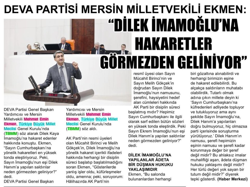 DEVA PARTİSİ MERSİN MİLLETVEKİLİ EKMEN