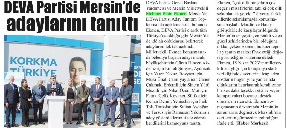 DEVA PARTİSİ MERSİN'DE ADAYLARINI TANITTI