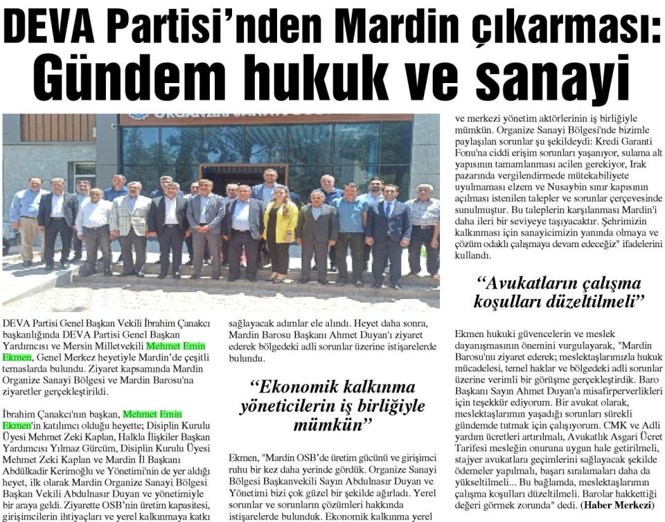 DEVA PARTİSİ'NDEN MARDİN ÇIKARMASI: GÜNDEM HUKUK VE SANAYİ