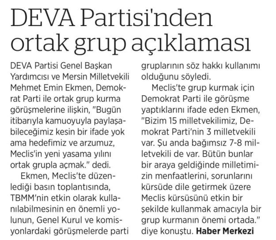 DEVA PARTİSİ'NDEN ORTAK GRUP AÇIKLAMASI