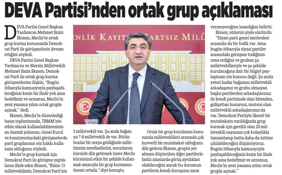 DEVA PARTİSİ'NDEN ORTAK GRUP AÇIKLAMASI