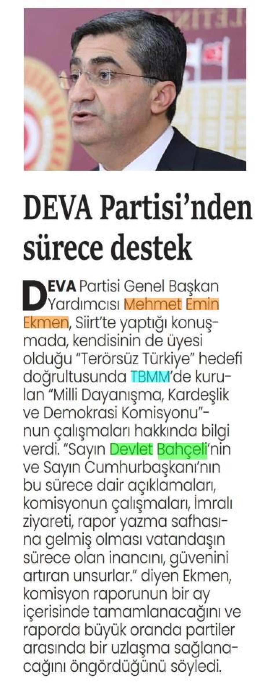 DEVA PARTİSİ'NDEN SÜRECE DESTEK