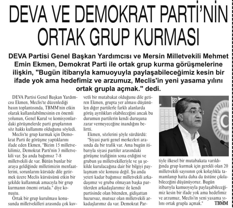 DEVA VE DEMOKRAT PARTİ ORTAK GRUP KURMASI