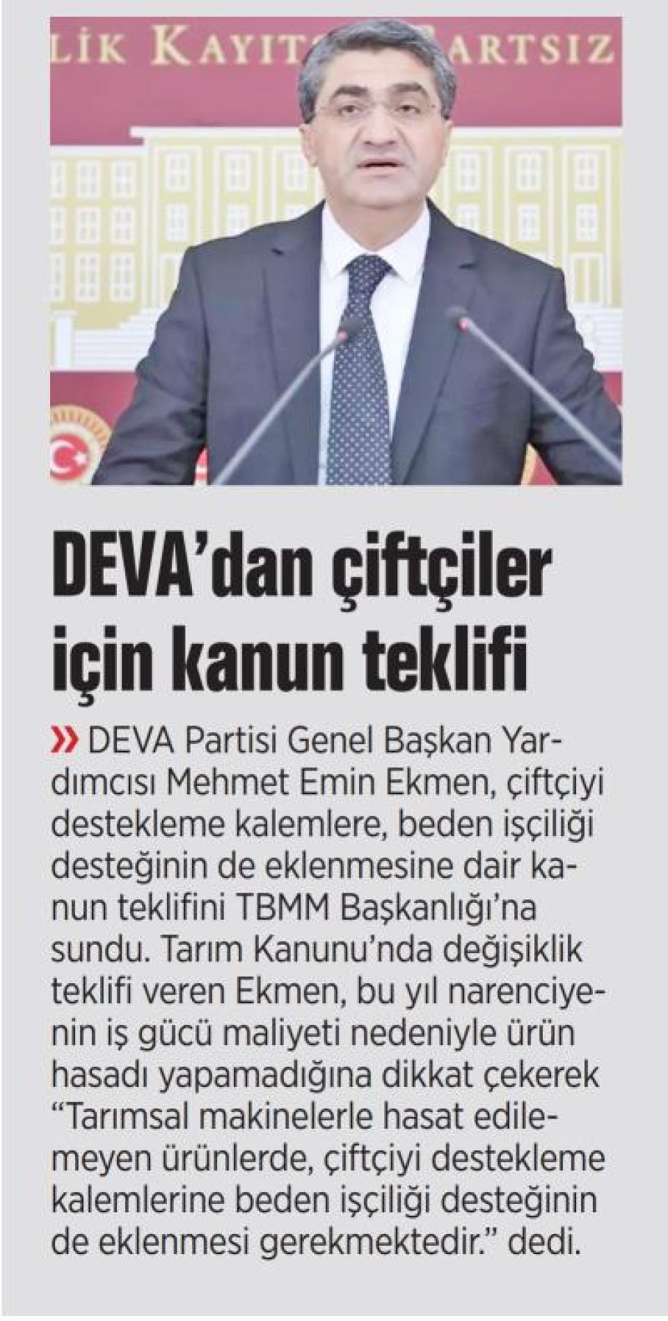 DEVA'DAN ÇİFTÇİLER İÇİN KANUN TEKLİFİ