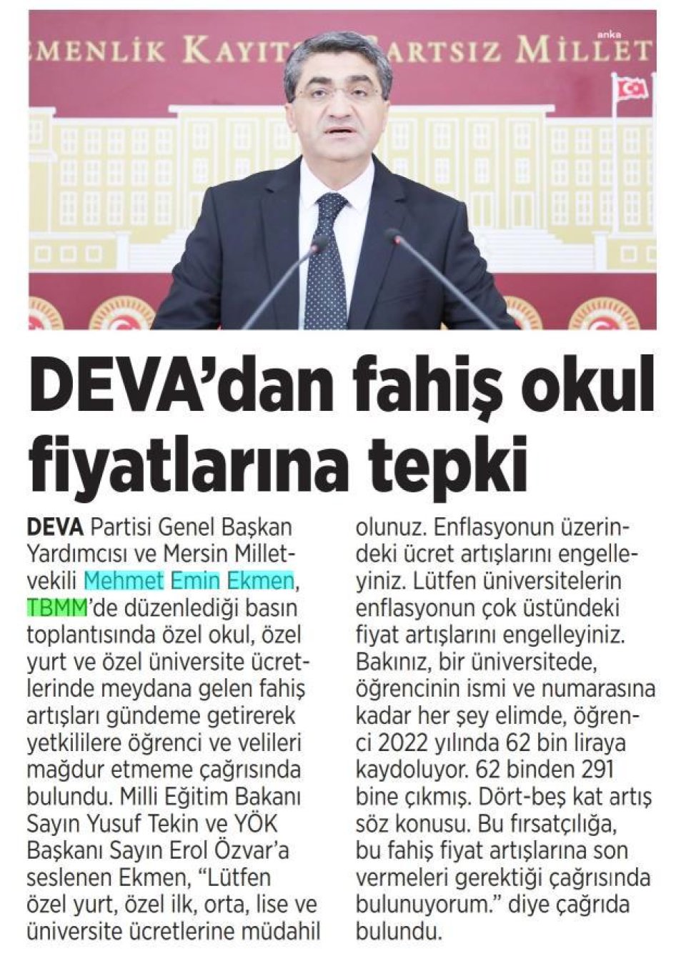 DEVA'DAN FAHİŞ OKUL FİYATLARINA TEPKİ