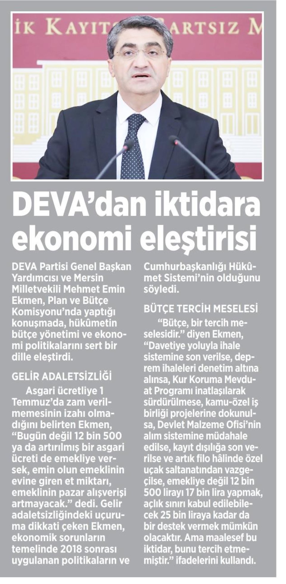 DEVA'DAN İKTİDARA EKONOMİ ELEŞTİRİSİ