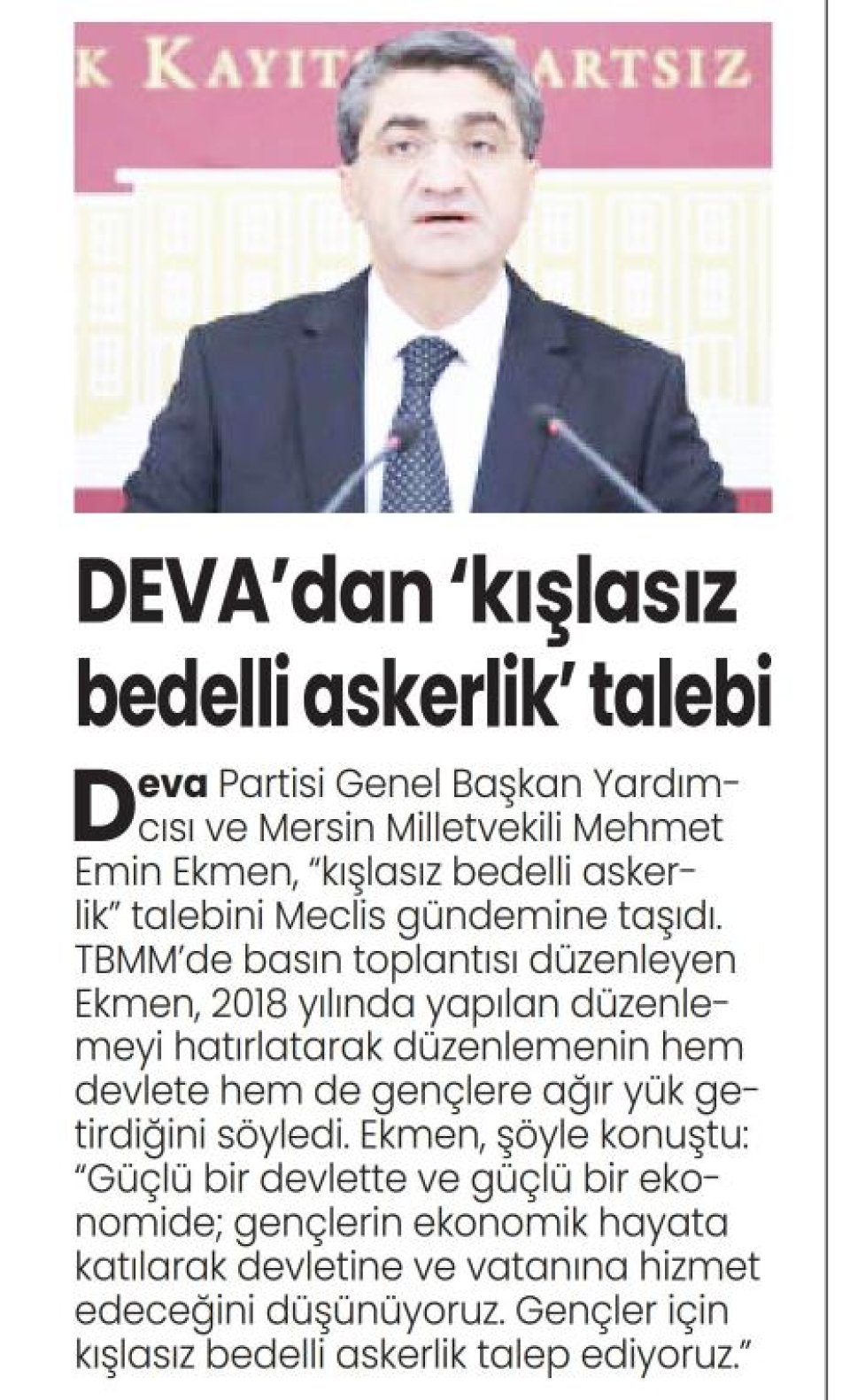 DEVA'DAN KIŞLASIZ BEDELLİ ASKERLİK TALEBİ