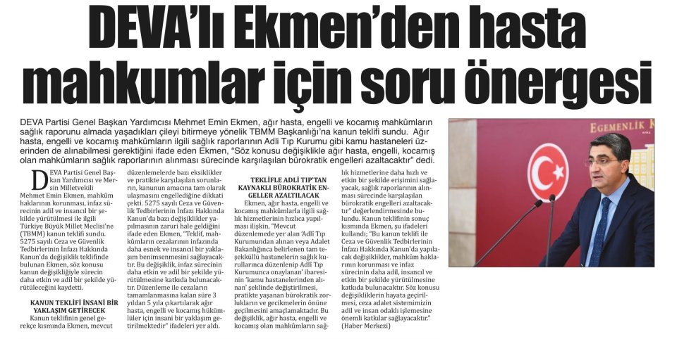 DEVA'LI EKMEN DEN HASTA MAHKUMLAR İÇİN SORU ÖNERGESİ