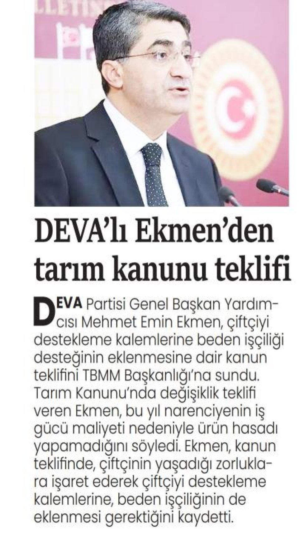 DEVA'LI EKMEN'DEN TARIM KANUNU TEKLİFİ