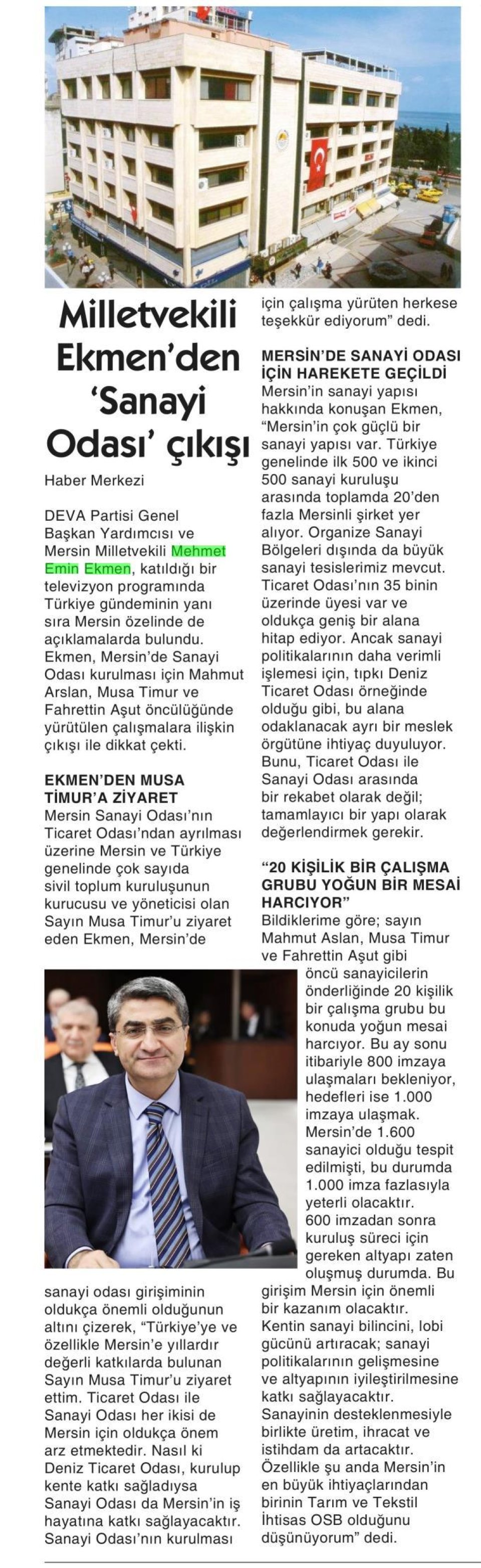 DEVA'LI MİLLETVEKİLİ EKMEN'DEN 'SANAYİ ODASI ÇIKIŞI