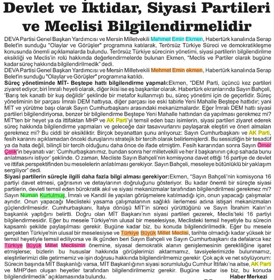  DEVLET VE İKTİDAR, SİYASİ PARTİLERİ VE MECLİSİ BİLGİLENDİRMELİDİR