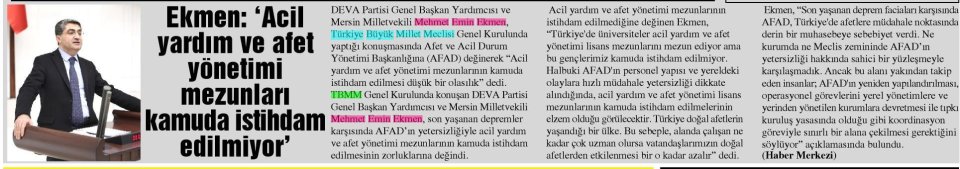 EKMEN: 'ACİL YARDIM VE AFET YÖNETİMİ MEZUNLARI KAMUDA İSTİHDAM EDİLMİYOR'