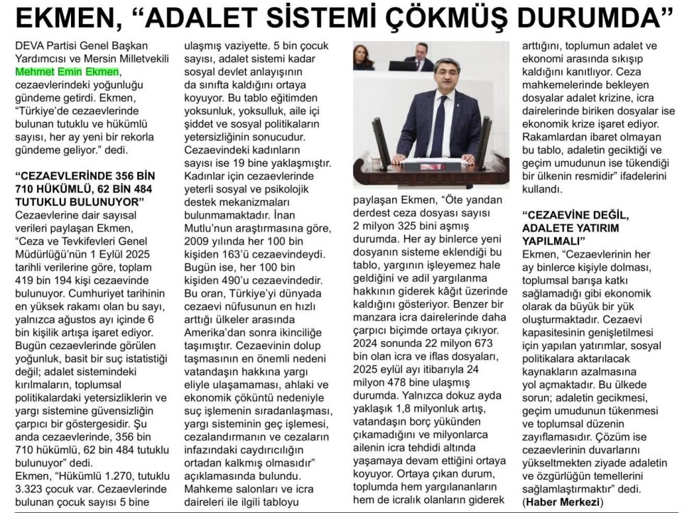 EKMEN,''ADALET SİSTEMİ ÇÖKMÜŞ DURUMDA''
