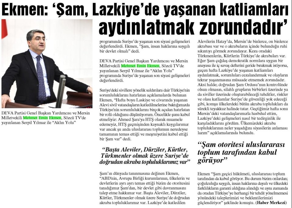 EKMEN ŞAM LAZKİYEDE YAŞANAN KATLİAMLARI AYDINLATMAK ZORUNDADIR