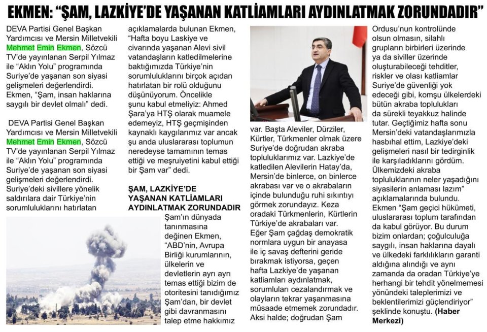 EKMEN:''ŞAM,LAZKİYE'DE YAŞANAN KATLİAMLARI AYDINLATMAK ZORUNDADIR''