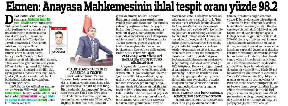 EKMEN : ANAYASA MAHKEMESİNİN İHLAL TESPİT ORANI YÜZDE 98.2