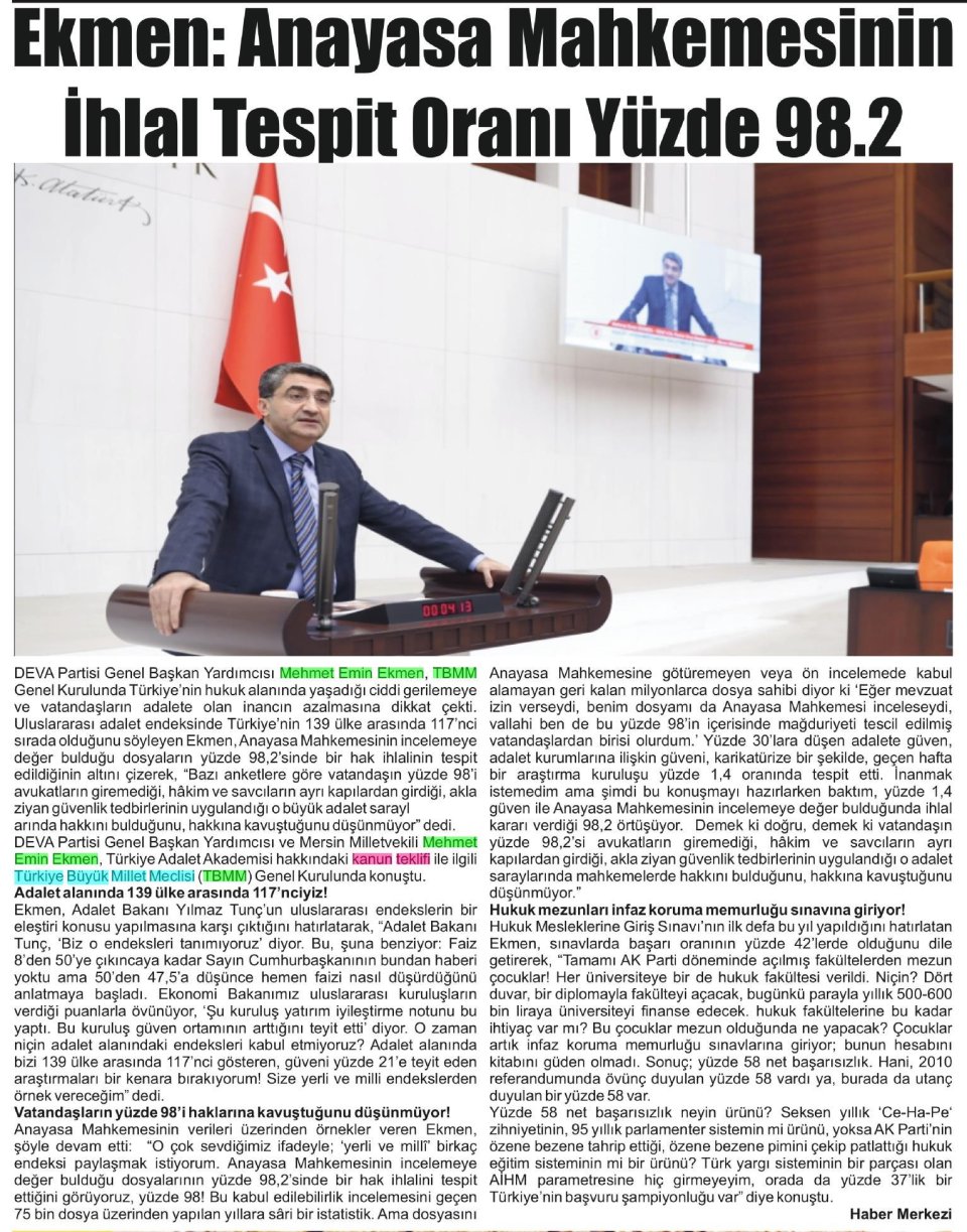 EKMEN: ANAYASA MAHKEMESİNİN İHLAL TESPİT ORANI YÜZDE 98.2