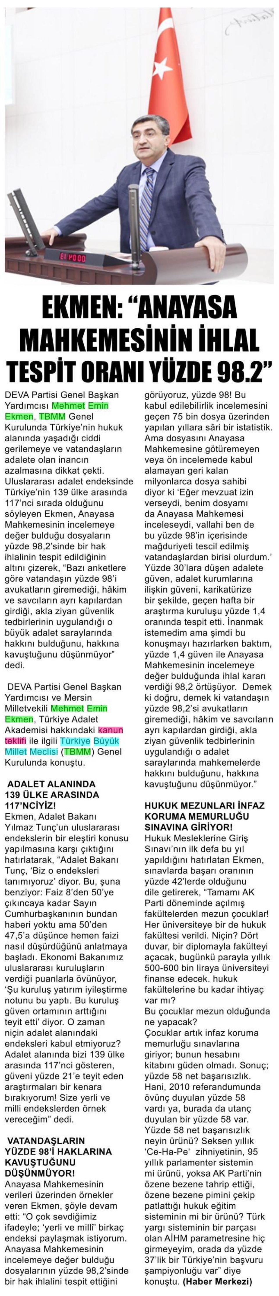 EKMEN: ''ANAYASA MAHKEMESİNİN İHLAL TESPİT ORANI YÜZDE 98.2''