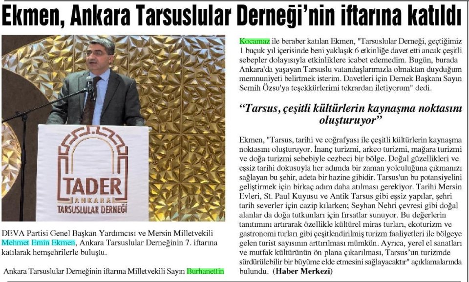 EKMEN, ANKARA TARSUSLULAR DERNEĞİNİN İFTARINA KATILDI