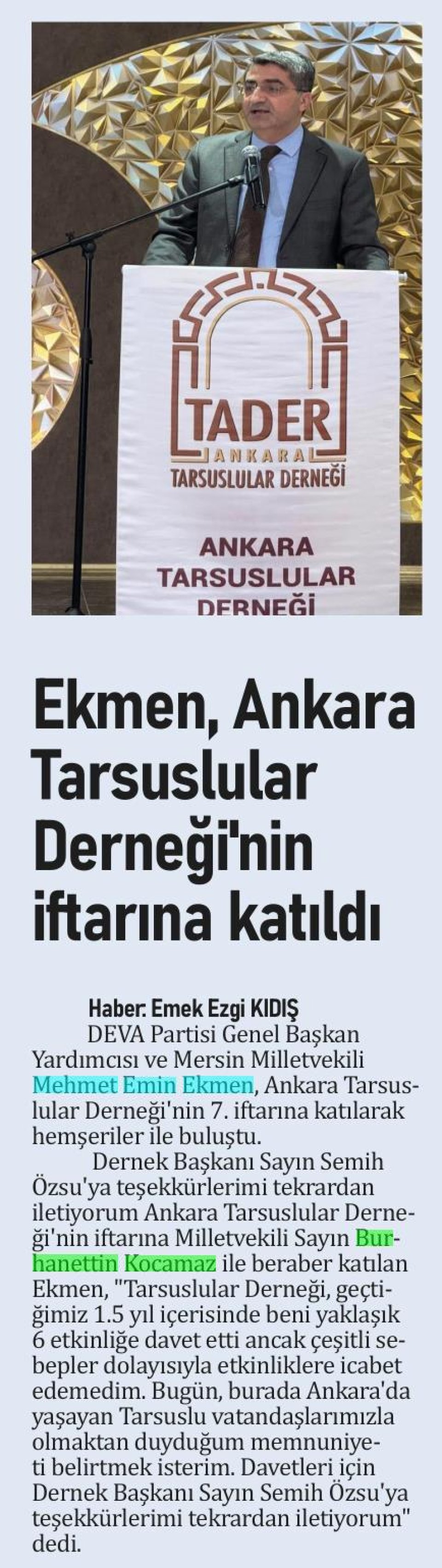 EKMEN ANKARA TARSUSLULUAR DERNEĞİNİN İFTARINA KATILDI