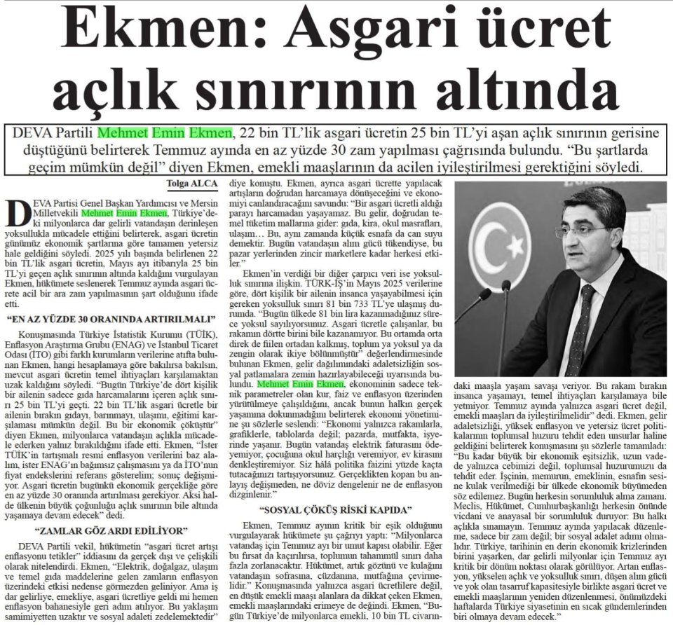 EKMEN : ASGARİ ÜCRET AÇLIK SINIRININ ALTINDA