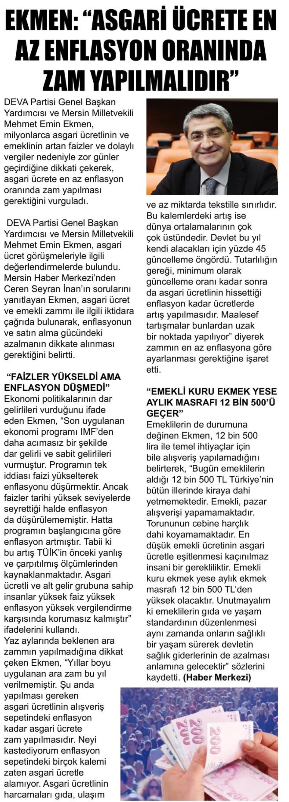 EKMEN: ASGARİ ÜCRET EN AZ ENFLASYON ORANI KADAR OLMALI