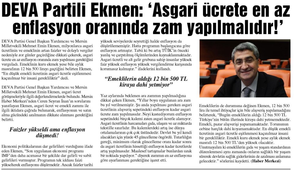 EKMEN: 'ASGARİ ÜCRETE EN AZ ENFLASYON ORANINDA ZAM YAPILMALIDIR!'