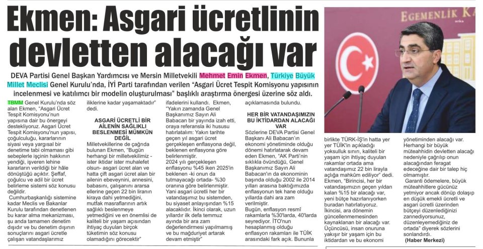  EKMEN: ASGARİ ÜCRETLİNİN DEVLETTEN ALACAĞI VAR