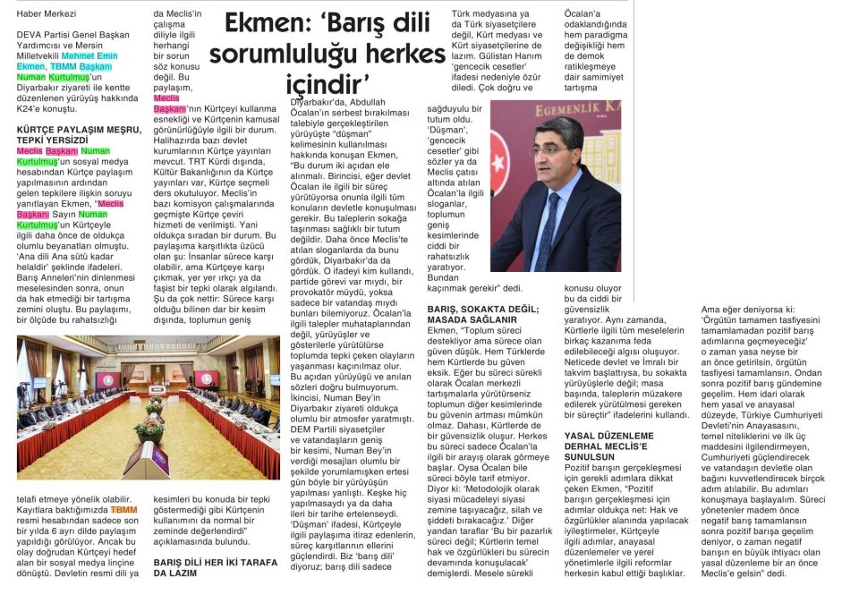 EKMEN: BARIŞ DİLİ SORUMLULUĞU HERKES İÇİNDİR